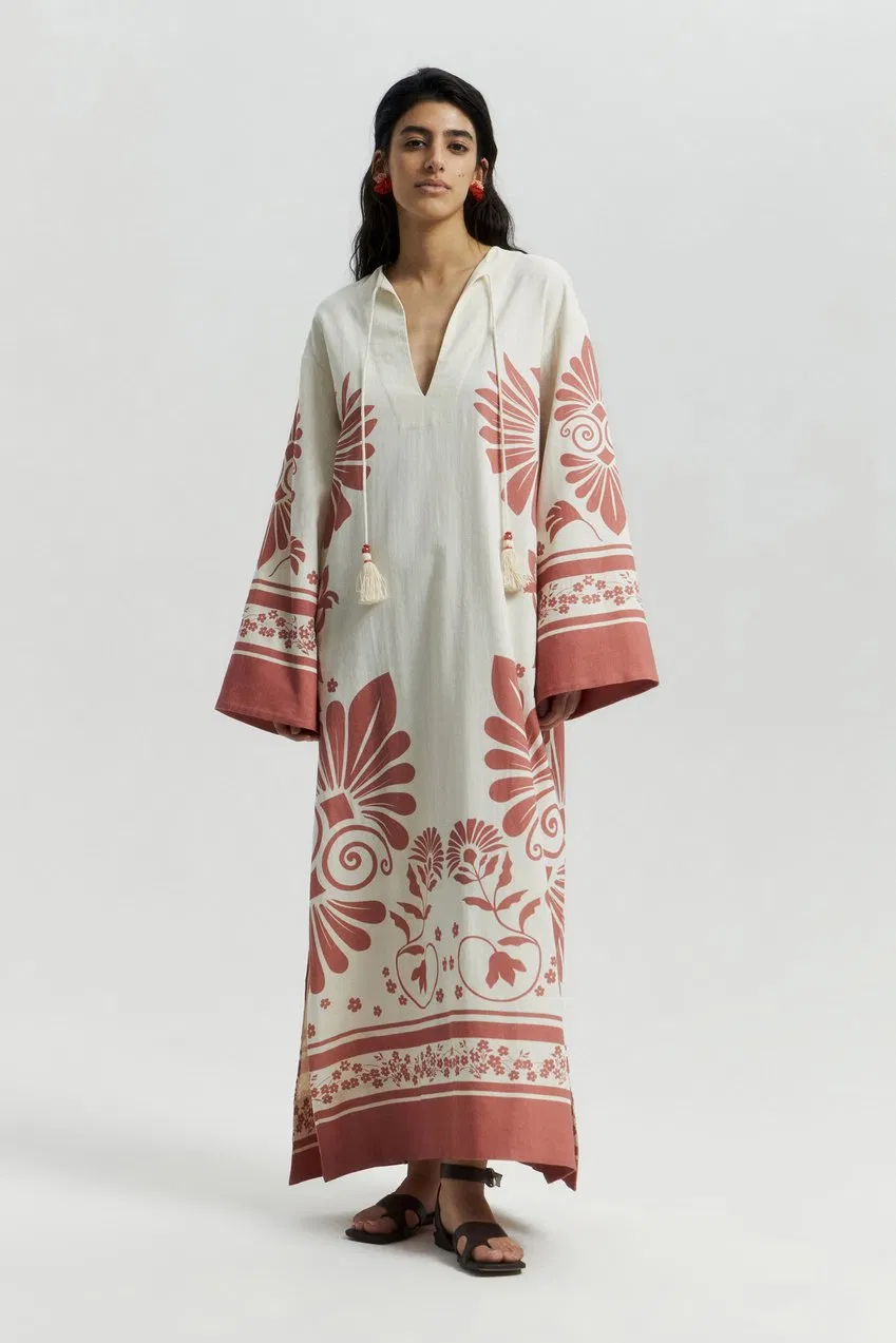 Vestido longo solto de linho floral clássico de alta qualidade para mulheres com uso casual