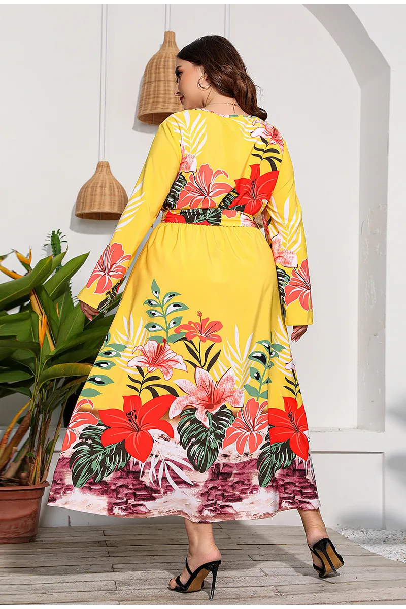 Vestido Casual Floral de Manga Longa Plus Size para Mulheres Moda Vestido