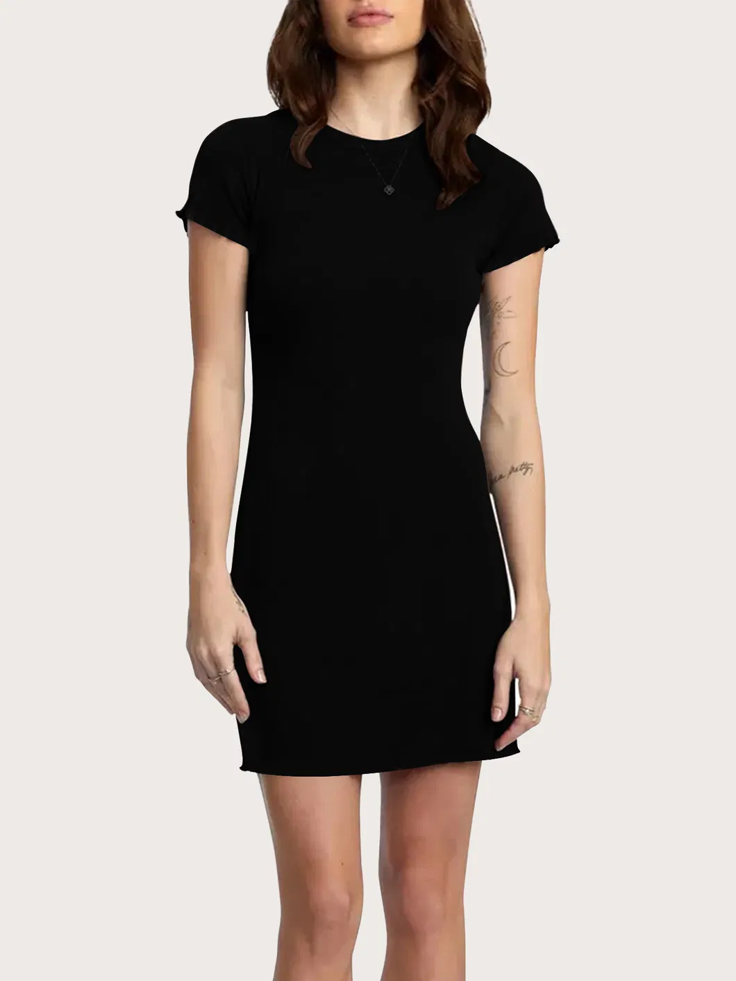 Vestido Simples Sólido, Casual com Gola Redonda, Manga Curta, Mini Vestido Preto