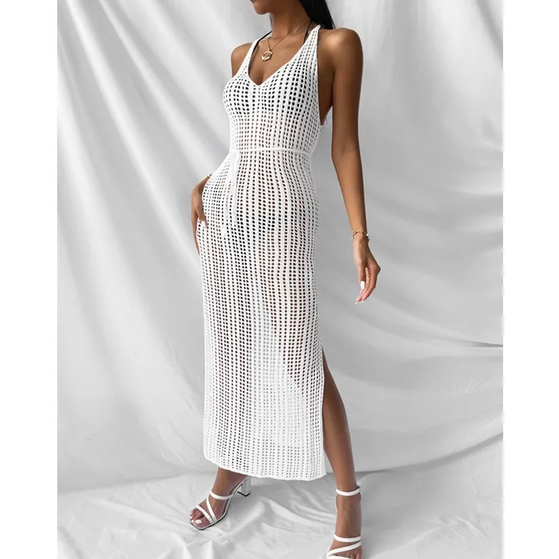 Vestido de Praia Tricotado Longo Ocasional Solto para Mulheres com Recortes Hollow-out de Verão