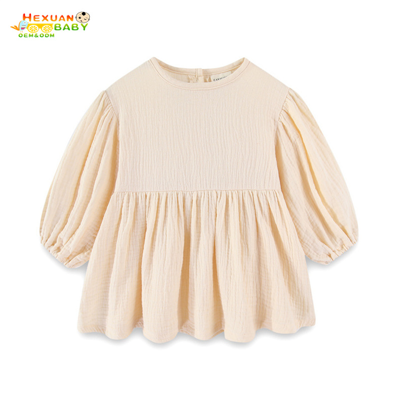 Novo Vestido Infantil de Outono e Primavera, Cor Sólida, Manga Longa, Algodão Linho, Doce Casual, Vestido para Menina Bebê