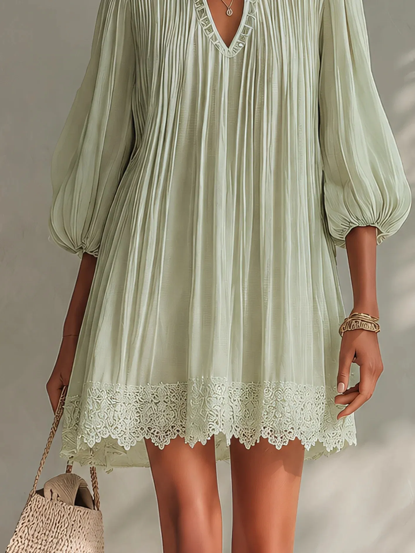 Vestido Mini de Manga Bufante com Decote em V e Barra de Renda Plissada Verde Claro, Vestido Casual Boêmio para Férias