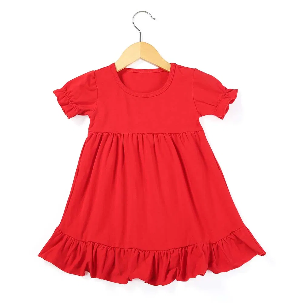 Vestido Casual de Verão Infantil de Manga Curta em Algodão Puro com Renda em Cores Sólidas