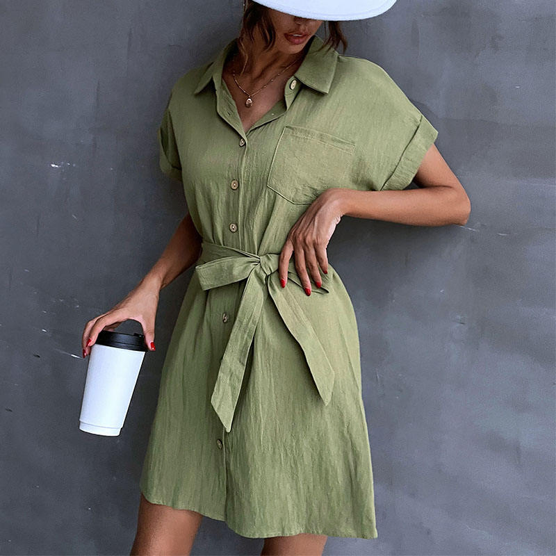 Vestido Casual Feminino de Manga Curta Verão Cor Sólida com Cinto