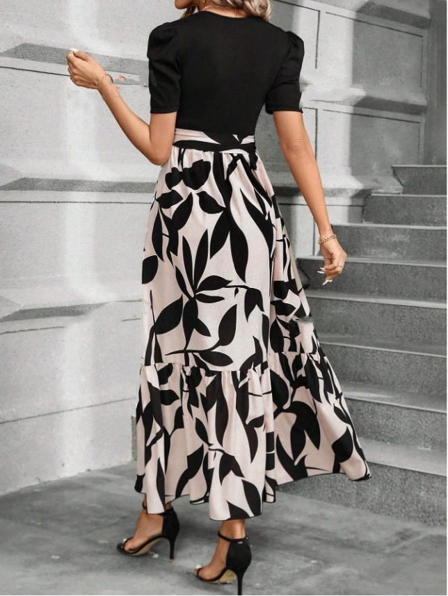 Vestido Casual Longo com Estampa Floral, Top com Recortes e Cinto na Cintura para Mulheres