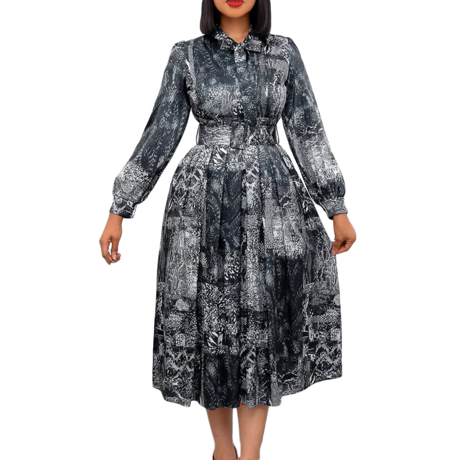 Fabricante de Roupas Personalizadas Vestido Casual Feminino de Manga Longa com Gola Lapela Estampado Solto em A Plus Size