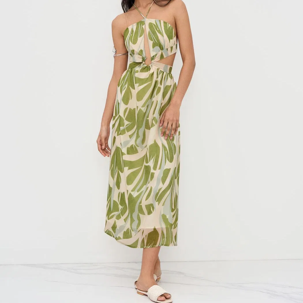 Vestido longo sem costas de chiffon com decote em V, floral e casual para mulheres