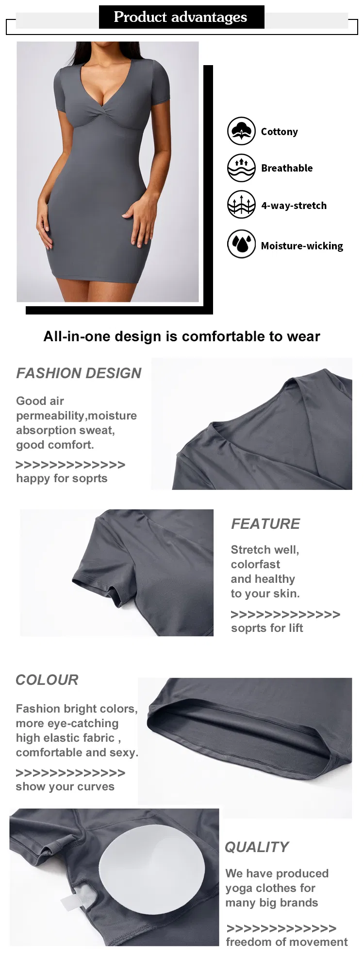 Vestido Casual Justo com Pacote Slim-Fit, Manga Curta, Estilo Esportivo