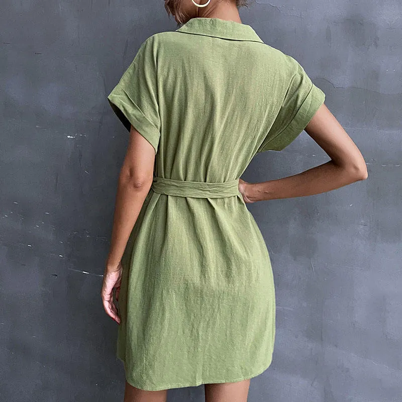 Vestido Casual Feminino de Manga Curta Verão Cor Sólida com Cinto