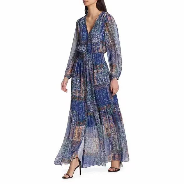 Vestido Maxi V-Neck Casual Boho Vintage com Botão Frontal e Cintura Elástica Estampado para Mulheres Retro Chic