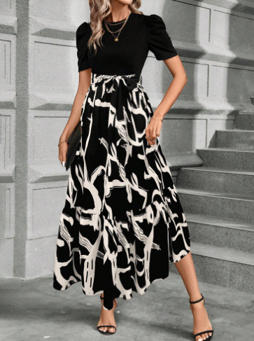 Vestido Casual Longo com Estampa Floral, Top com Recortes e Cinto na Cintura para Mulheres