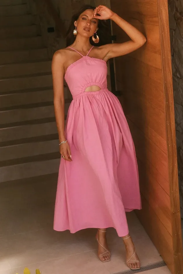 Vestido Halter Decote Recorte na Cintura