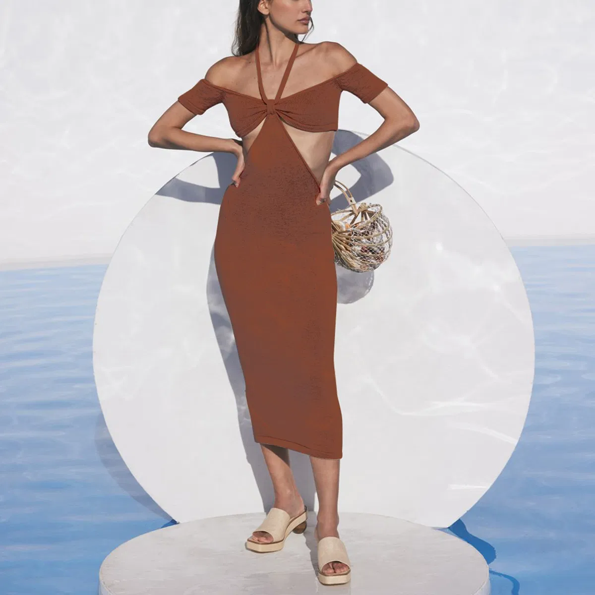 Vestido longo de verão casual, sem mangas, de malha para mulheres