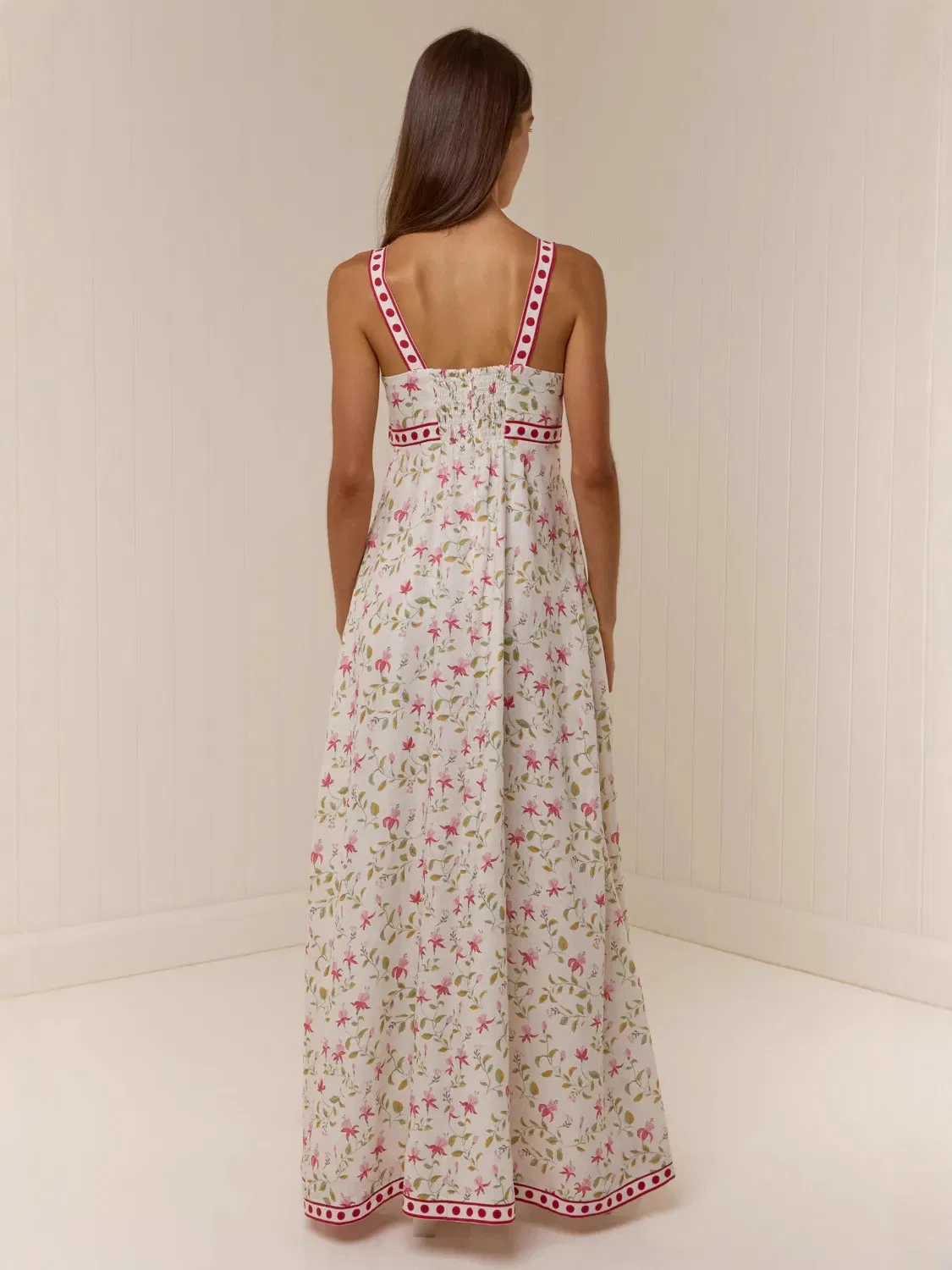 Vestido Maxi Floral Feminino Sem Mangas Decote Quadrado Com Detalhes em Contraste Casual Verão Longo Vestido Slip