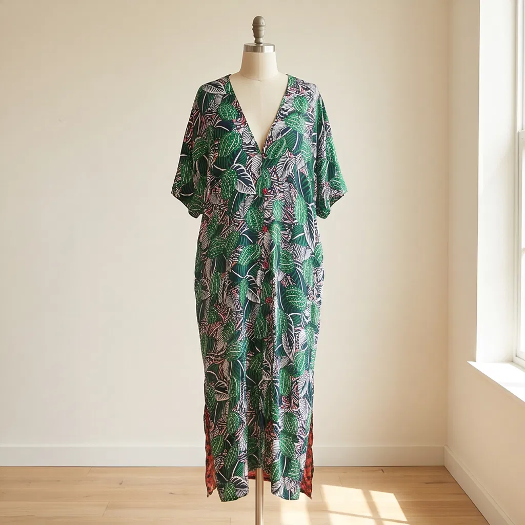 Vestido Midi Casual de Manga Curta com Decote em V Feminino Estampa de Folhas de Cacto Tropical para Férias