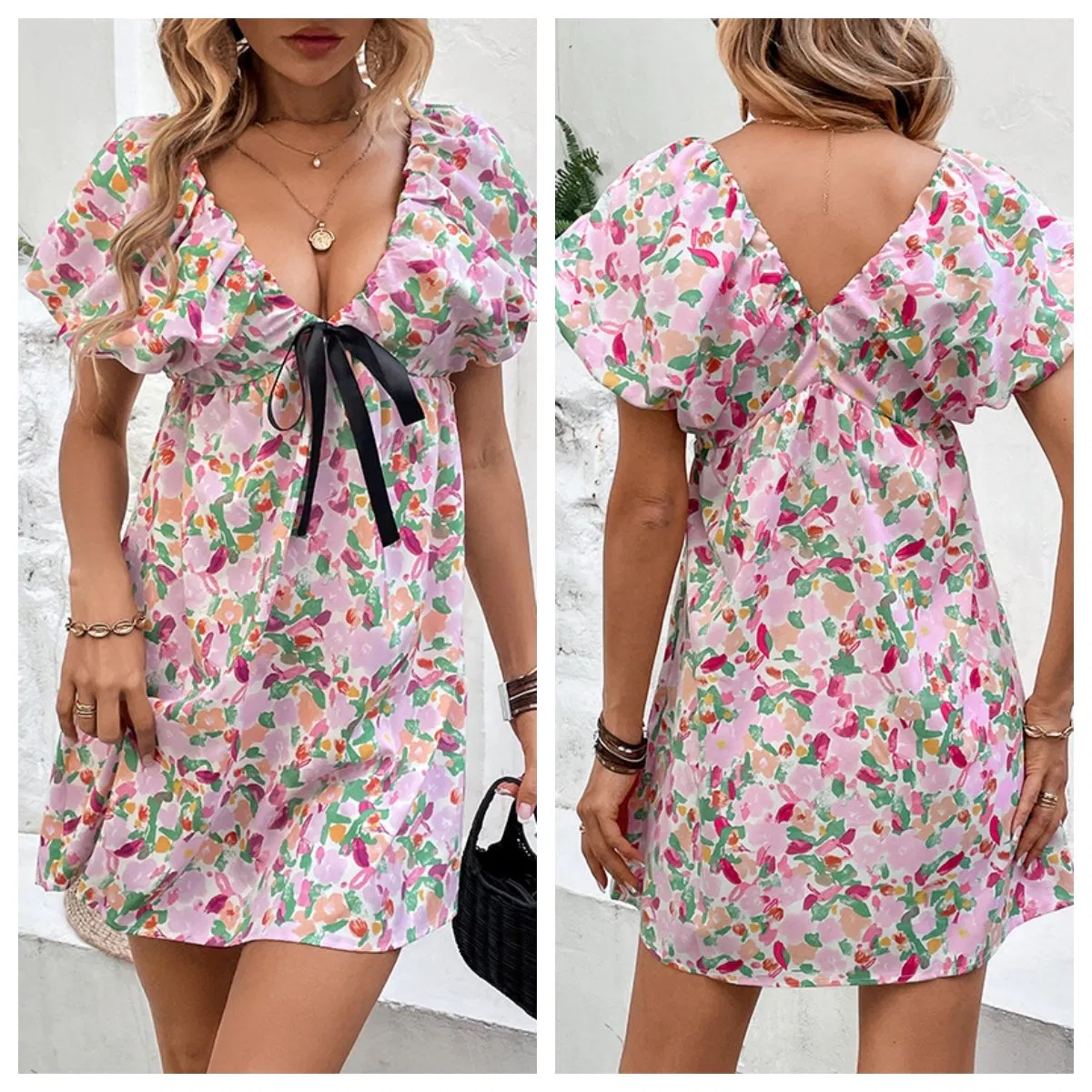 Vestidos Casuais Soltos de Verão para Mulheres, Vestido Maxi Estampado Curto com Decote em V Profundo, Sexy e Doce