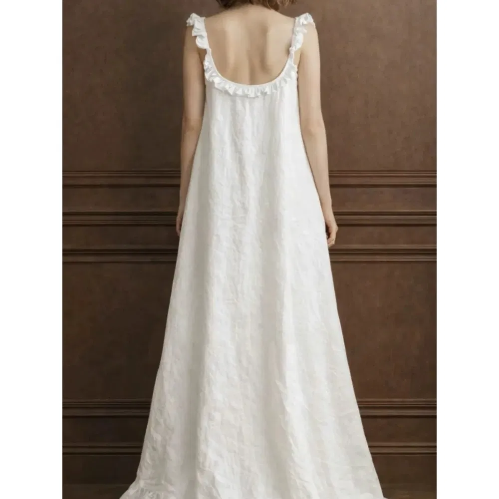 Vestido de Linho Personalizado por Atacado para Mulheres, Vestido Maxi de Alça Espaguete para Viagem, Resort e Praia, Roupas Femininas de Qualidade de Exportação