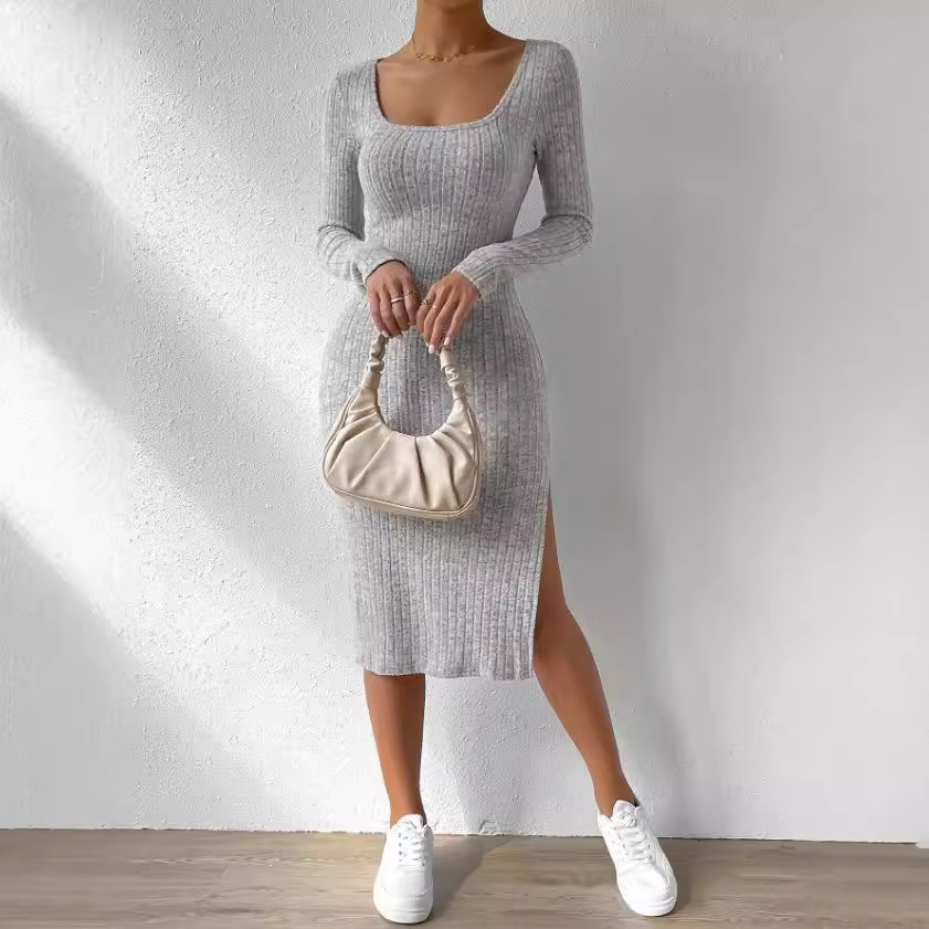 Americano Europeu Popular 2025spring Verão Novo Vestido Longo de Malha com Fenda de Manga Comprida e Gola Redonda Estilo Casual Justo Feminino