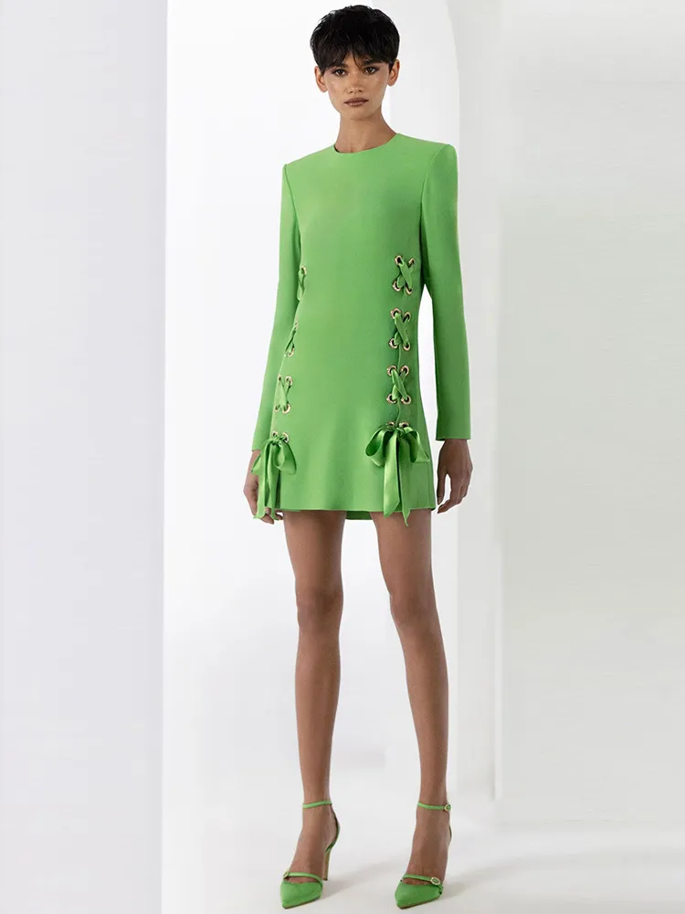 Vestido Casual de Manga Longa com Gola Redonda e Cinto de Fita Fashionável