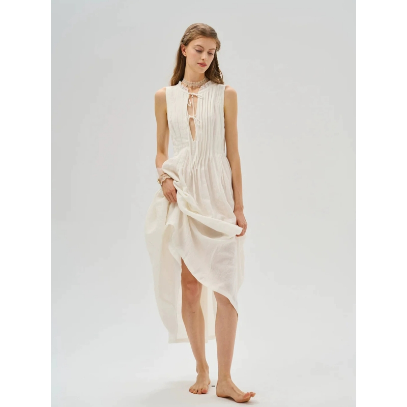 Vestido Feminino Atacado Personalizado Linho Branco Vestido Feminino Vestido Luxuoso Estilo Casual Cintura Ajustável Decote em V Laço Resort Maxi Vestido Fornecimento Direto de Exportação
