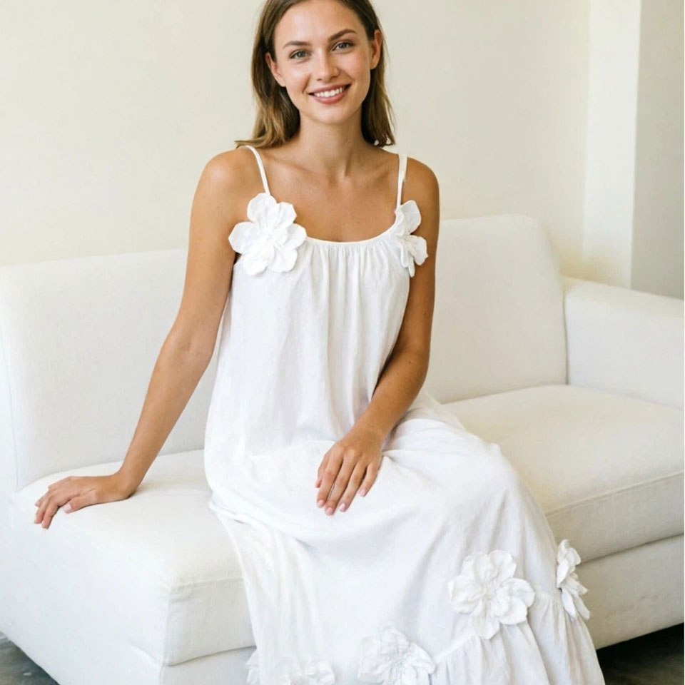Vestido Floral Elegante para Mulheres Primavera Verão Casual Decote Redondo Manga Longa Elegante Alça de Espaguete Solto Cor Sólida 3D Vestido de Flores Vestido