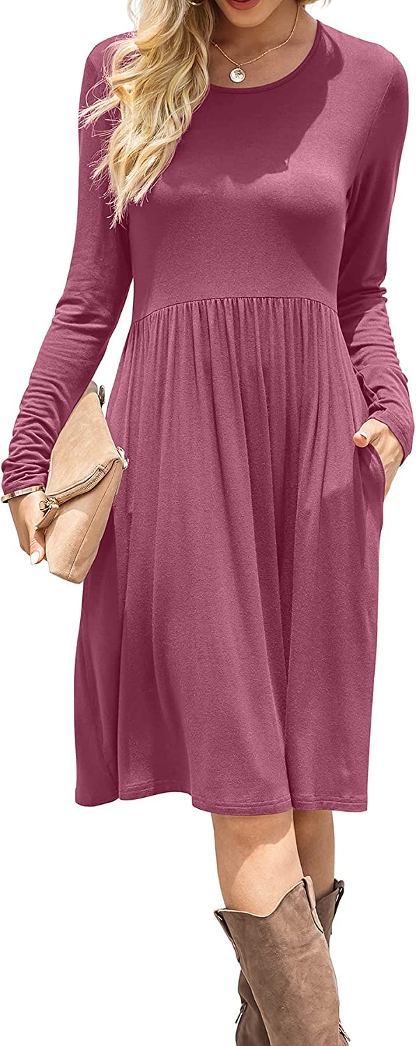 Vestidos Casuais Femininos de Manga Longa com Cintura Império, Vestido Solto com Bolsos