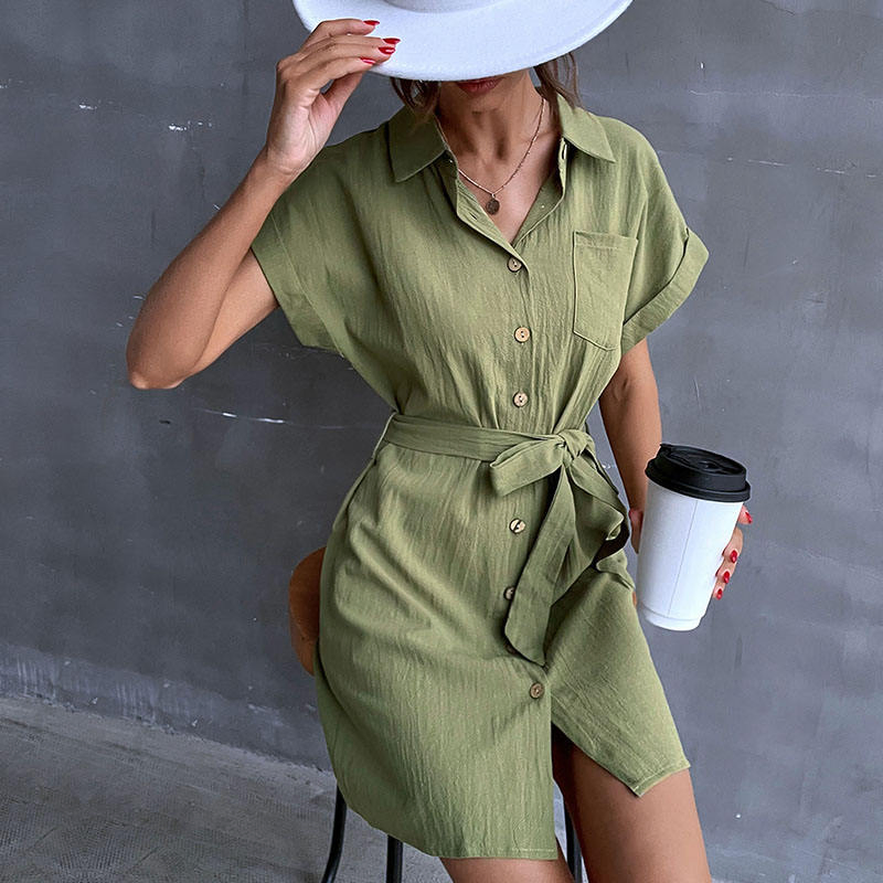 Vestido Casual Feminino de Manga Curta Verão Cor Sólida com Cinto