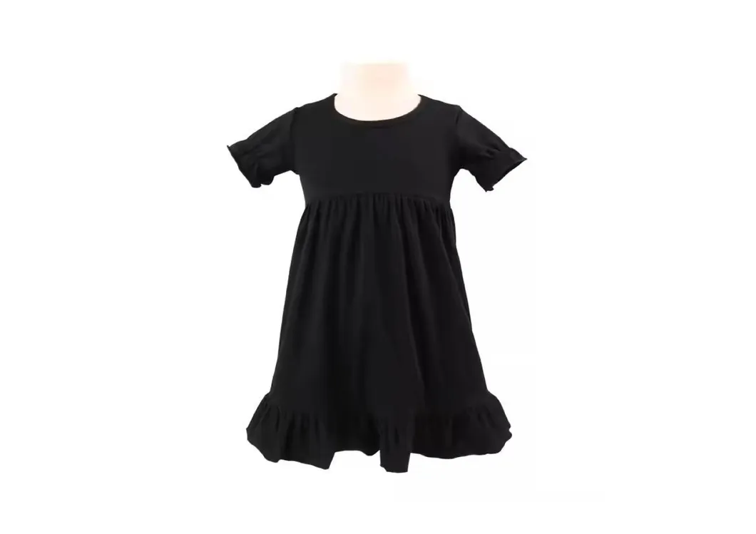 Vestido Casual de Verão Infantil de Manga Curta em Algodão Puro com Renda em Cores Sólidas