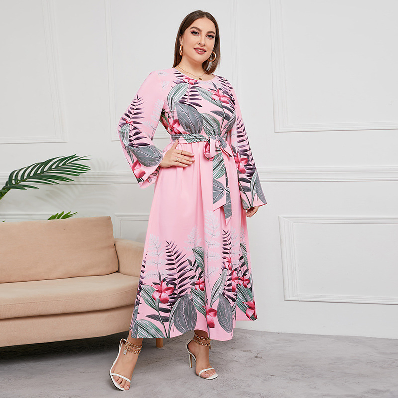 Vestido Casual Floral de Manga Longa Plus Size para Mulheres Moda Vestido