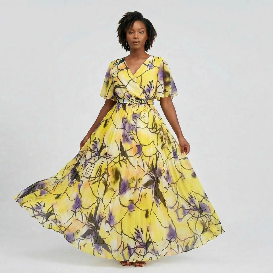 Vestido Europeu e Americano, Casual e Justo, Feminino de Gola Alta com Mangas Curtas, Elegante e Estampado