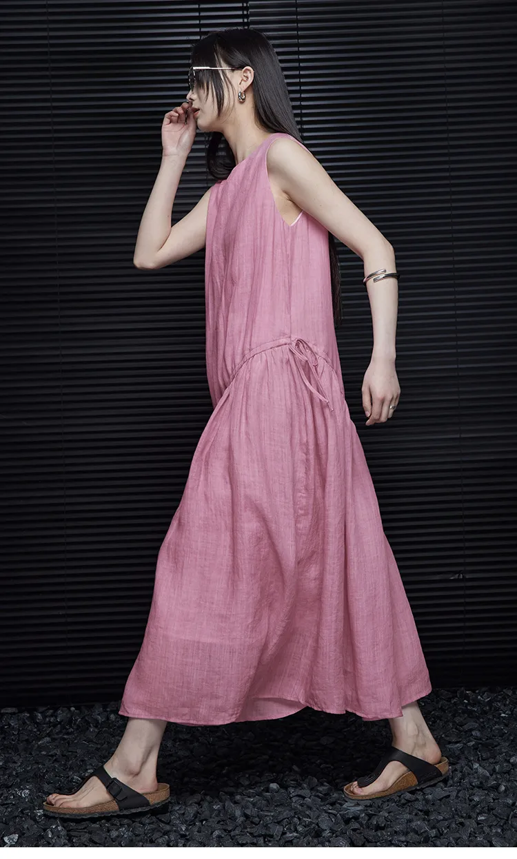 Vestido Maxi Flowy de Linho Puro Sem Mangas Rosa Envelhecido