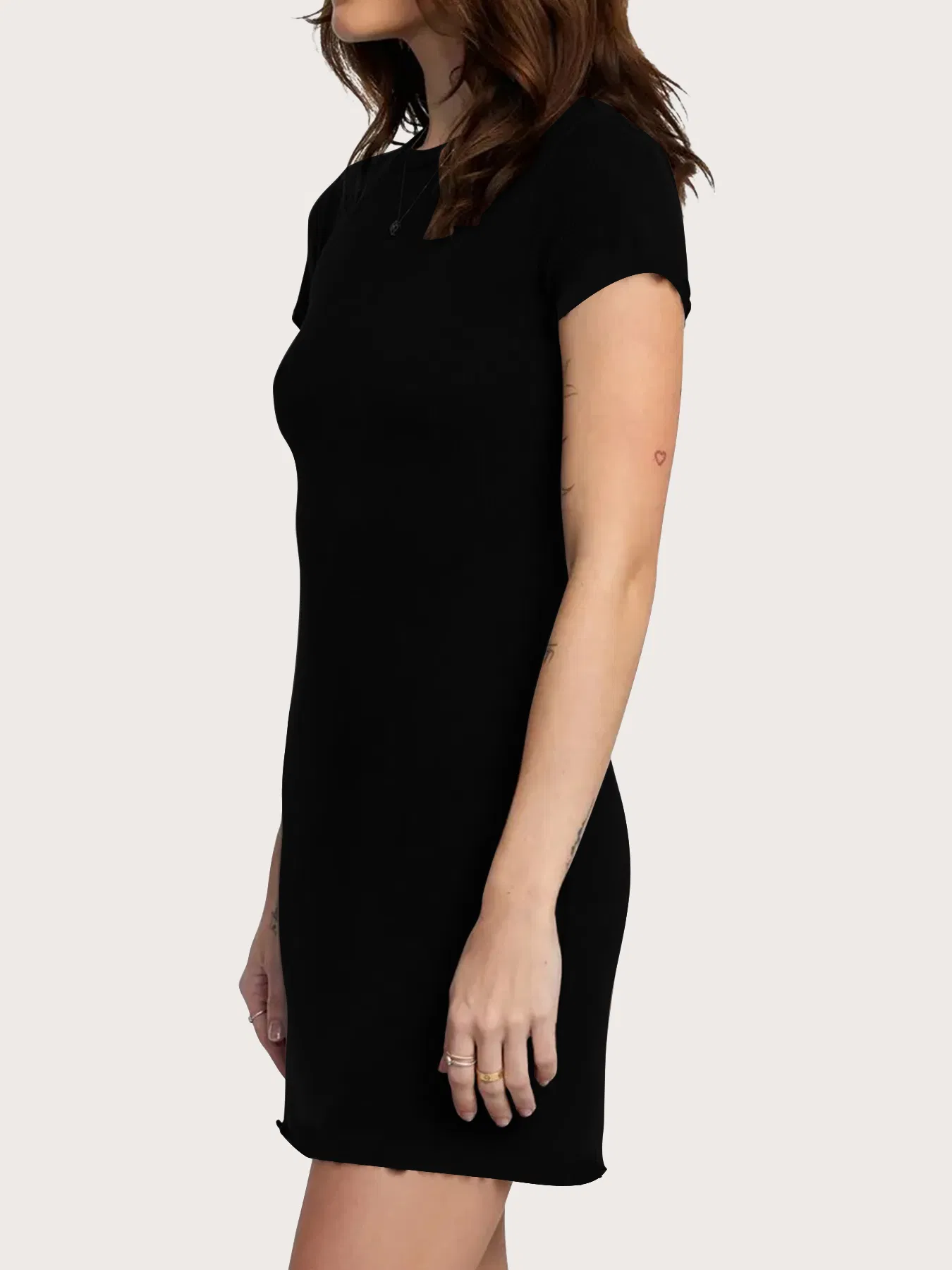 Vestido Simples Sólido, Casual com Gola Redonda, Manga Curta, Mini Vestido Preto