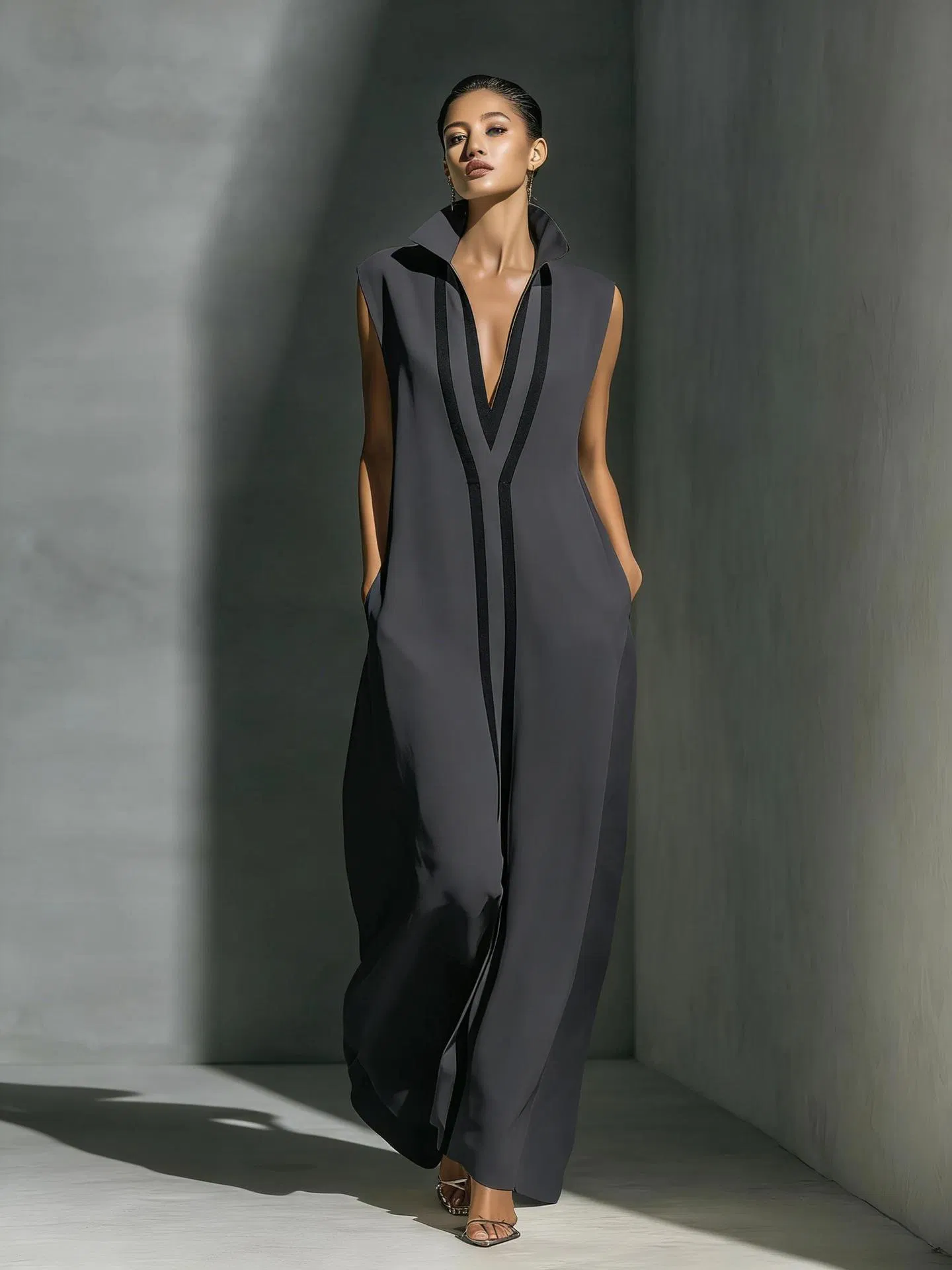 Sexy V-Neck Color Block Casual Maxi Dress