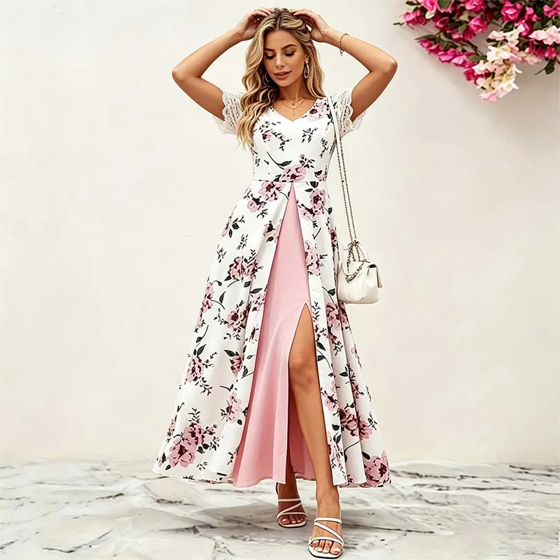 Vestido Maxi Floral para Mulheres com Decote em V, Renda, Mangas Curtas, Falso Dois Peças, Fenda Longa, Vestido Casual de Verão para Convidadas de Casamento, Vestido de Praia