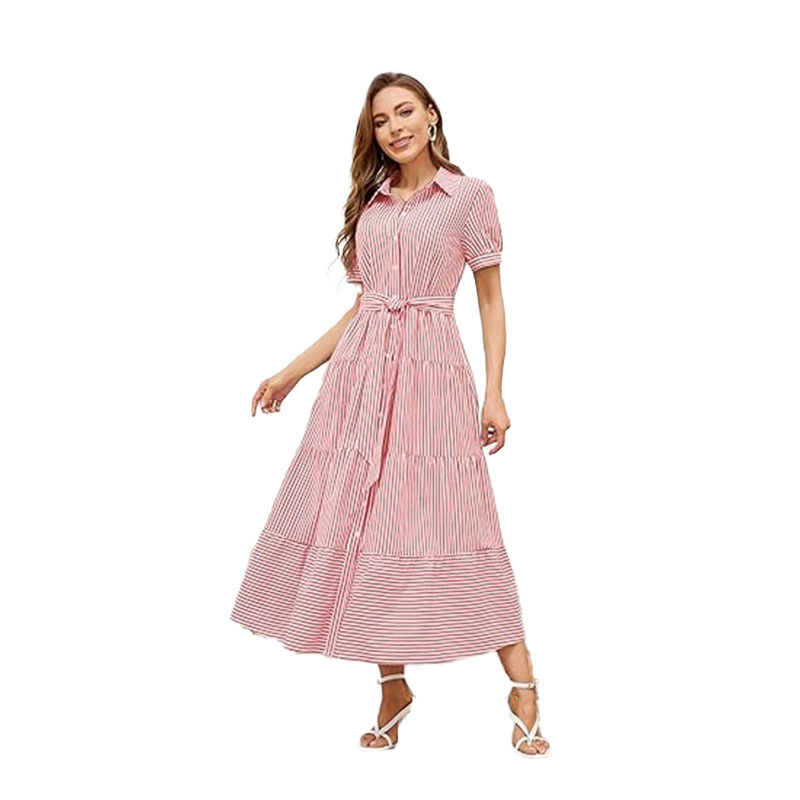 Vestido Blusa Listrada de Manga Longa com Botões na Cintura e Renda para Mulheres
