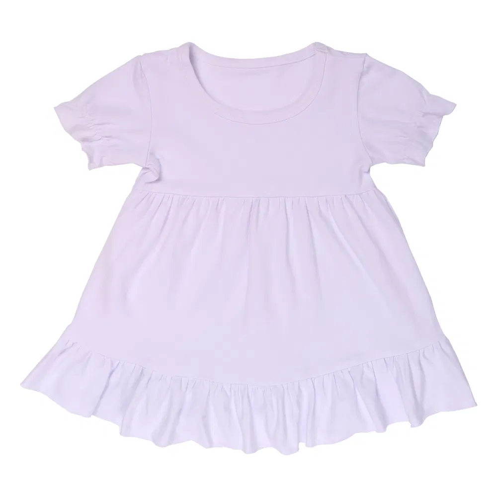 Vestido Casual de Verão Infantil de Manga Curta em Algodão Puro com Renda em Cores Sólidas