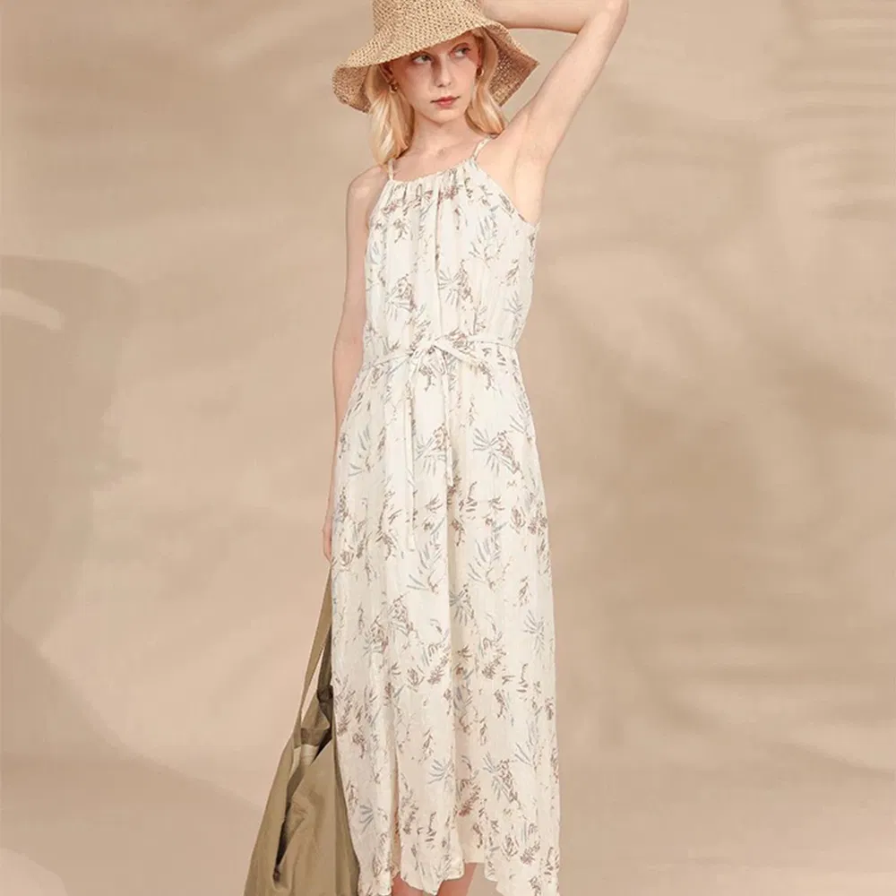 Vestido de Praia Casual Personalizado para Mulheres, Vestido de Alça Sem Mangas, Estilo de Férias de Verão, Sexy, Decote em V, Vestido Midi Floral em Linho