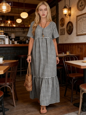 Vestido Maxi de Viscose Gingham Preto e Branco - Vestido Longo Casual Flowy de Verão Boho para Mulheres