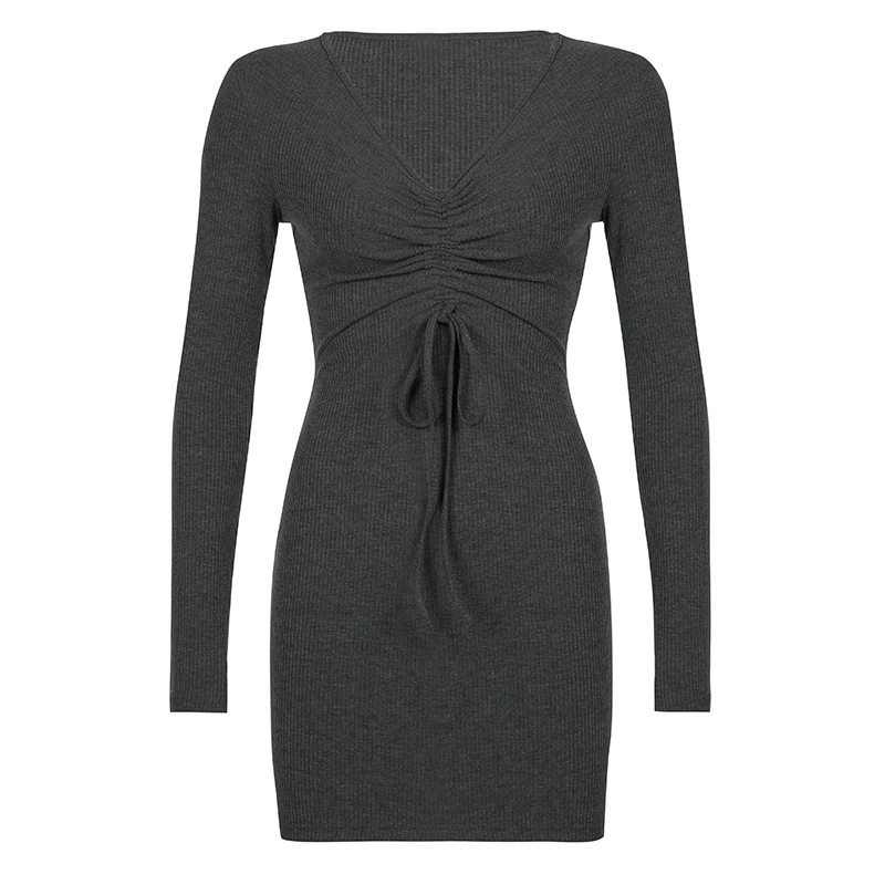 Vestido Justo de Malha com Mangas Longas e Cordão para Mulheres Casual