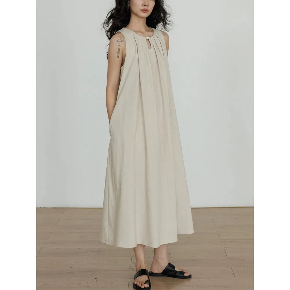 Vestido Maxi Sem Mangas de Algodão Linho Personalizado por Atacado da China para Mulheres Casual Resort