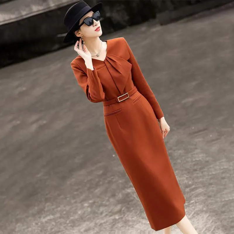 Novo Estilo Elegante Vestido Casual de Negócios Feminino de Manga Longa Laranja Corte Reto