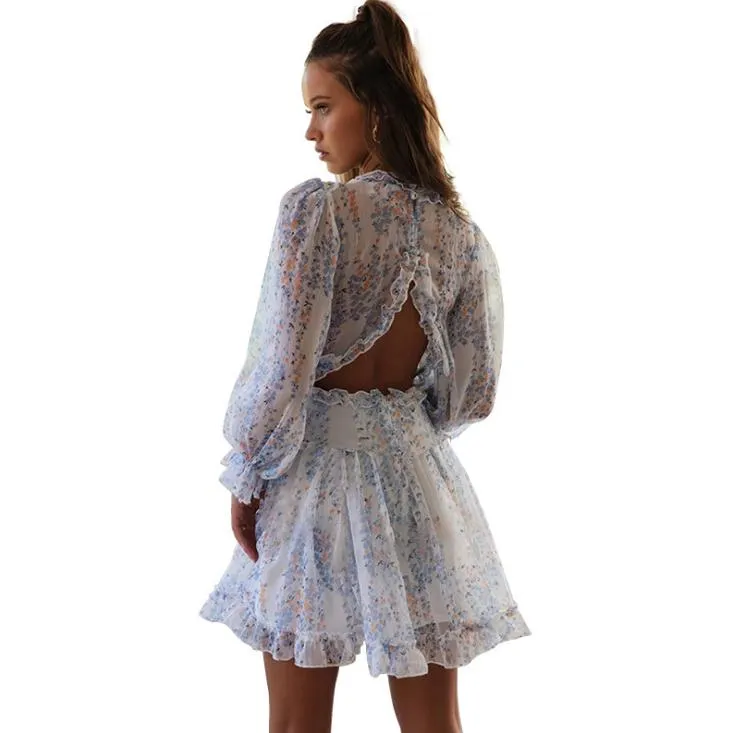 Vestido Casual de Manga Longa em V A-Line Boêmio para o Verão com Saia Curta