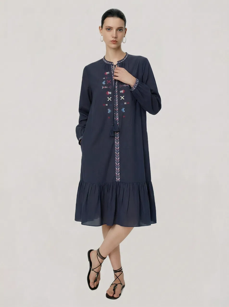 Vestido Casual Elegante de Manga Longa para Mulheres com Bordado de Fábrica OEM