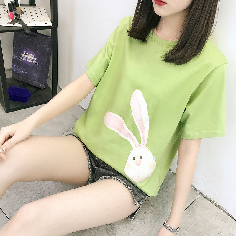 Blusas casuais femininas de impressão adorável de coelho, estilo coreano, feitas na China