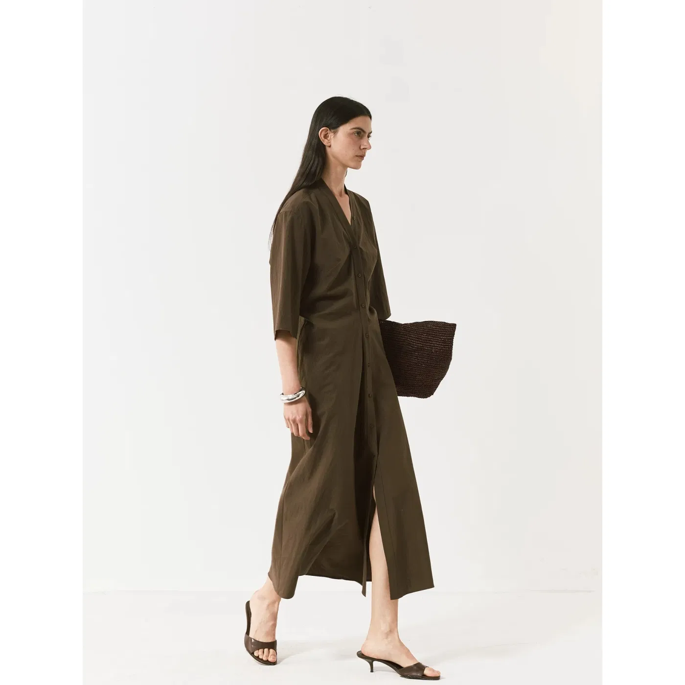 Vestido Camisa Midi de Meia Manga com Decote em V Leve Tencel Lyocell Casual de Verão para Senhoras Vestido Ajustado na Cintura Mulheres Atacado Personalizado