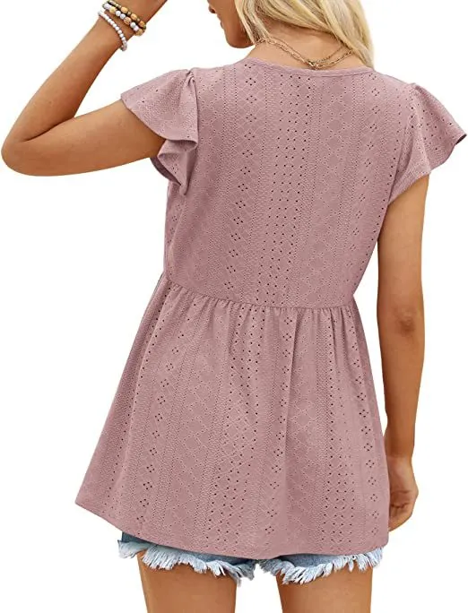 2023 Vestido Curto Casual Slim com Decote em V, Botões e Renda, T-Shirt Longa de Algodão Solta para o Verão, Tricô Jacquard para Mulheres