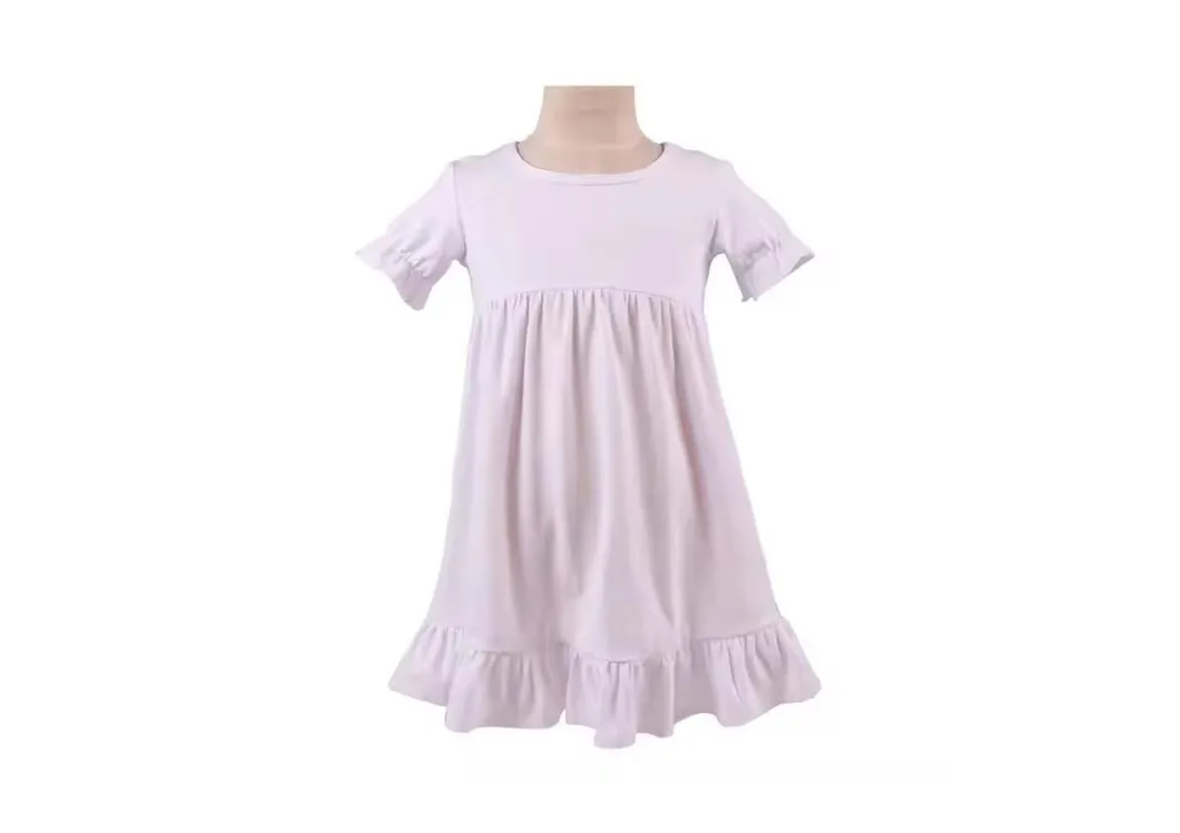 Vestido Casual de Verão Infantil de Manga Curta em Algodão Puro com Renda em Cores Sólidas