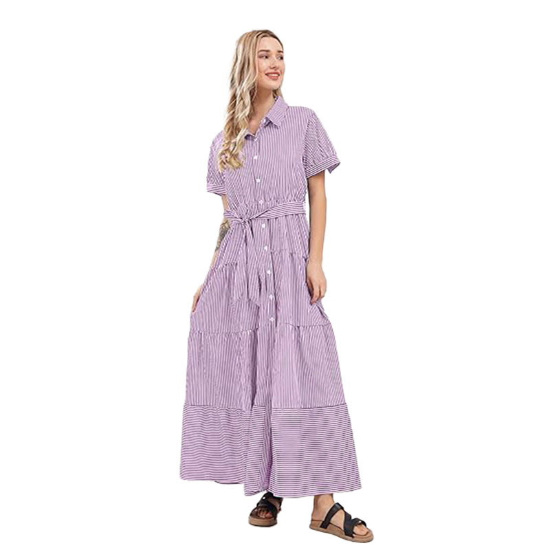Vestido Blusa Listrada de Manga Longa com Botões na Cintura e Renda para Mulheres
