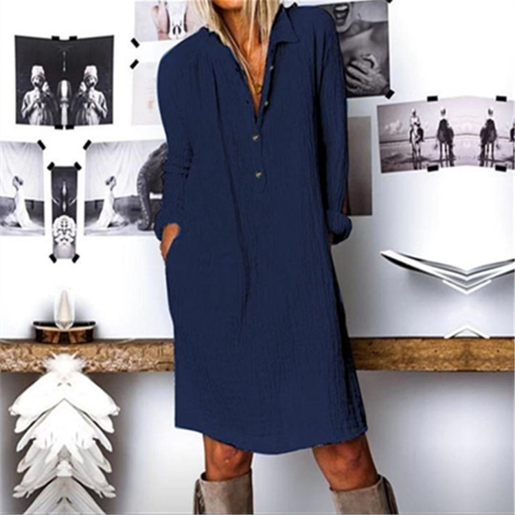 Estilo Quente Primavera Outono Roupas Femininas Novo Vendido Quente Vestido Casual de Algodão Linho com Manga Longa e Lapela com Botão Cor Sólida Europeia