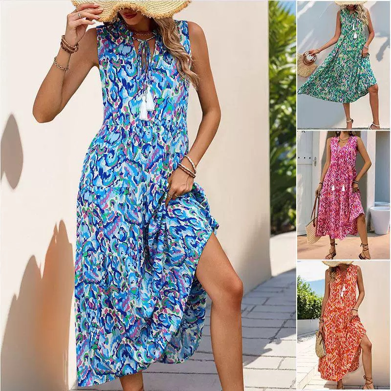 Vestidos Casuais Femininos Impressos de Verão em Atacado, de Cor Sólida, com Mangas Curtas